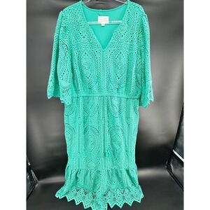 Destination 365 Green Eyelet Lace Midi Dress 2X V-Neck Half Sleeve A637779